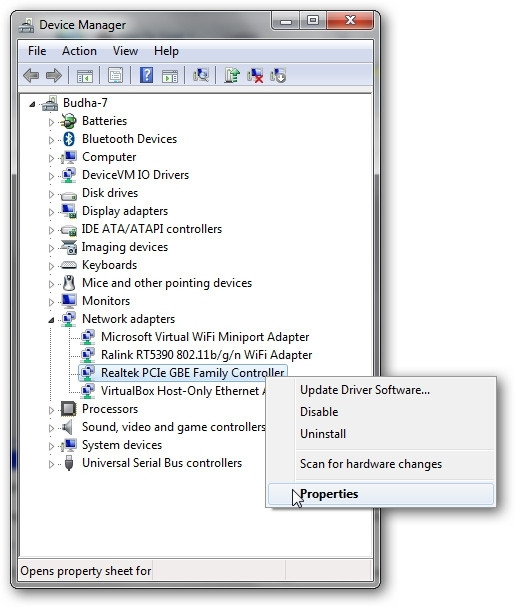 Kích chuột phải vào card mạng đang sử dụng và chọn Properties