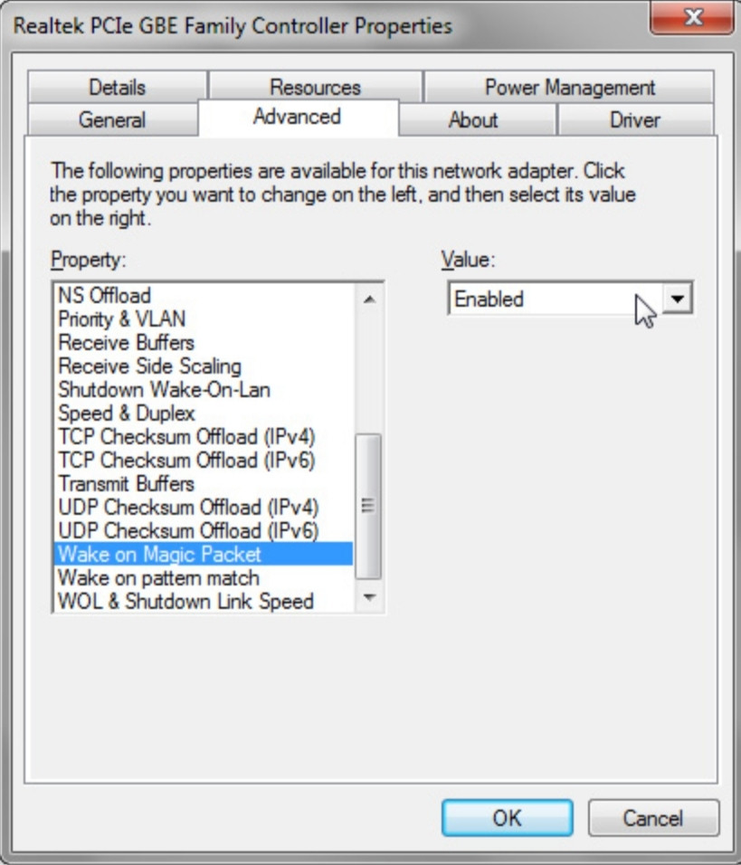 Chọn Wake on Magic Packet