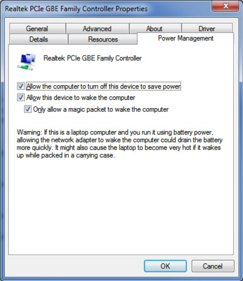 Tích chọn Allow this device to wake the computer và Only allow a magic packet to wake the computer