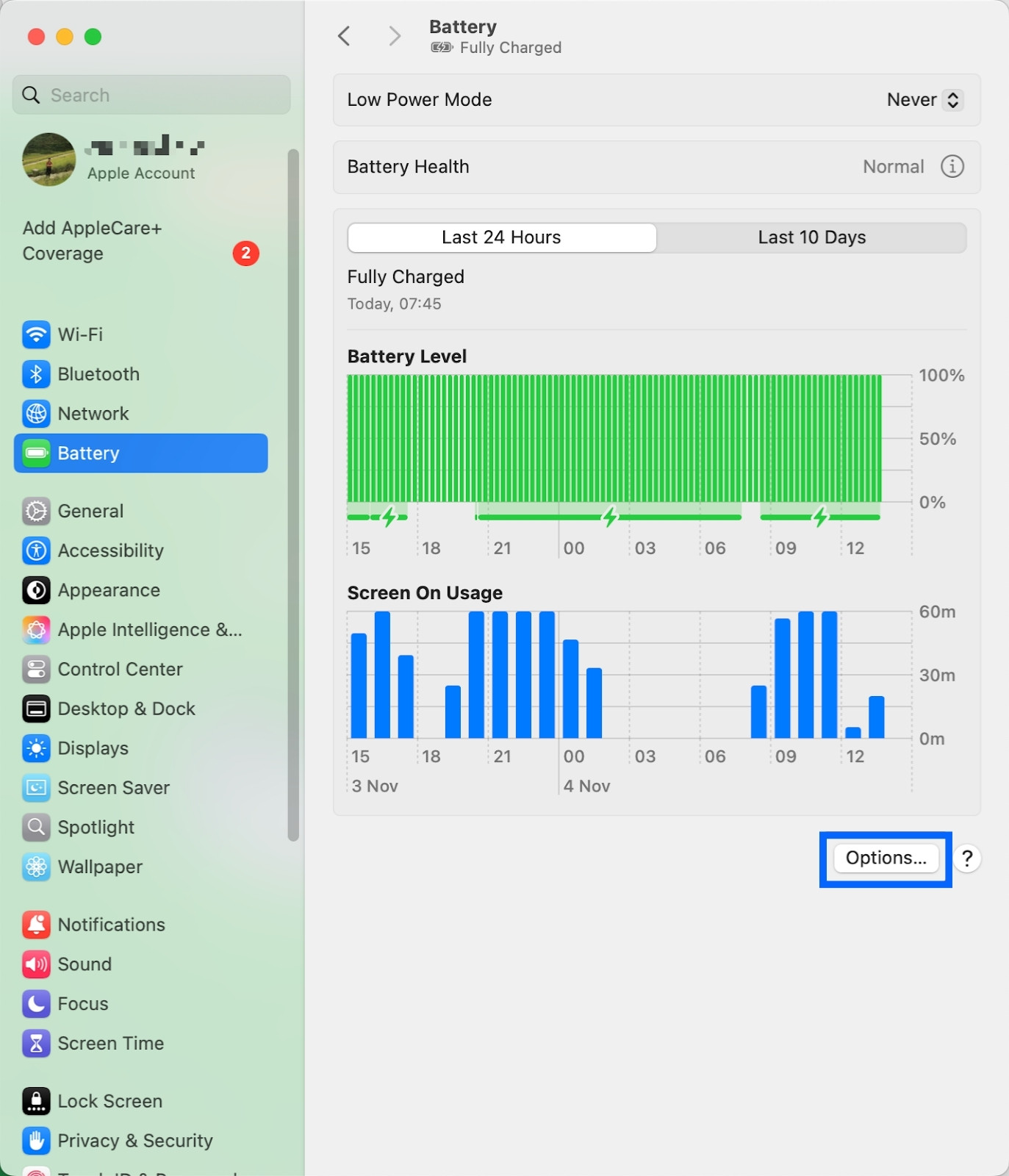 Chọn Battery và chọn Options