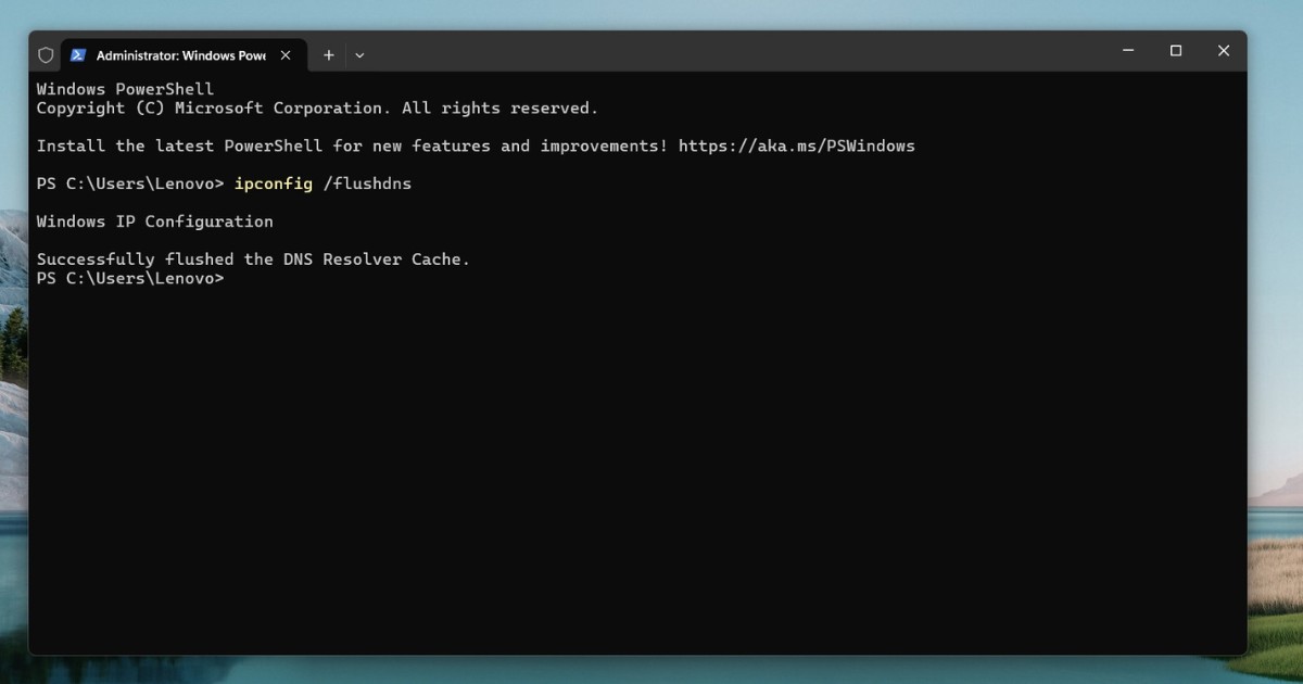 Hệ thống trả về thông báo Successfully flushed the DNS Resolver Cache
