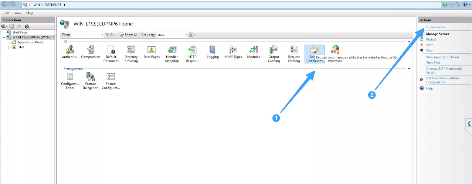 Hướng dẫn cài đặt chứng chỉ Free SSL nhanh chóng và hiệu quả 58 Mở Server Certificates