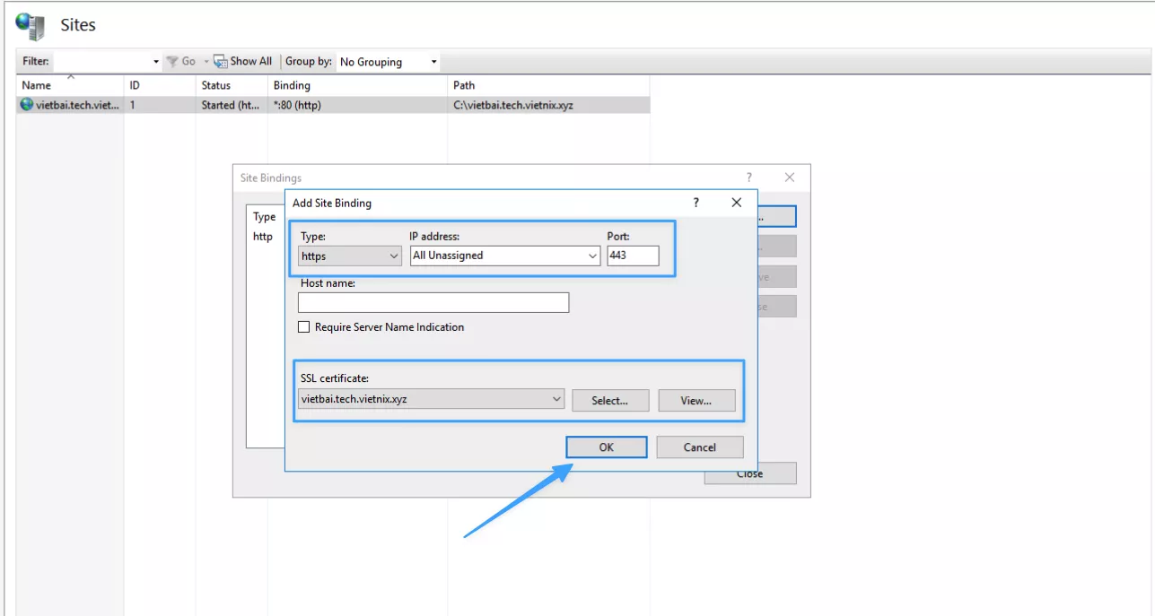 Hướng dẫn cài đặt chứng chỉ Free SSL nhanh chóng và hiệu quả 61 Thêm HTTPS binding và chọn chứng chỉ