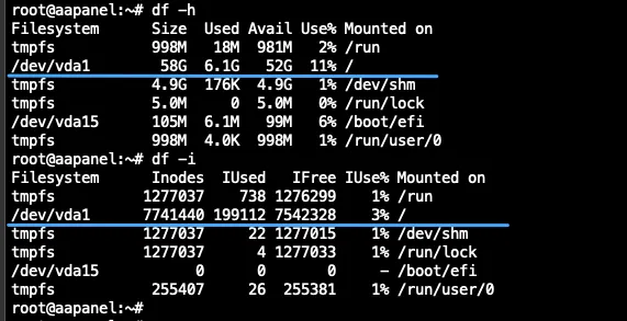 Hướng dẫn xử lý full disk và inodes trên aaPanel nhanh chóng 14 Kiểm tra bằng dòng lệnh thông qua SSH