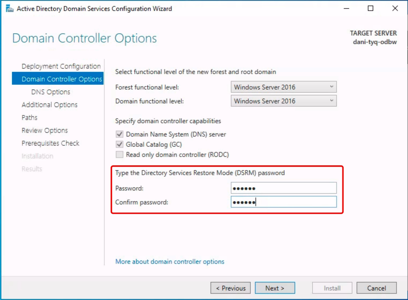 Tại mục Domain Controller Options, bạn nhập mật khẩu vào ô Type the Directory Services Restore Mode password.