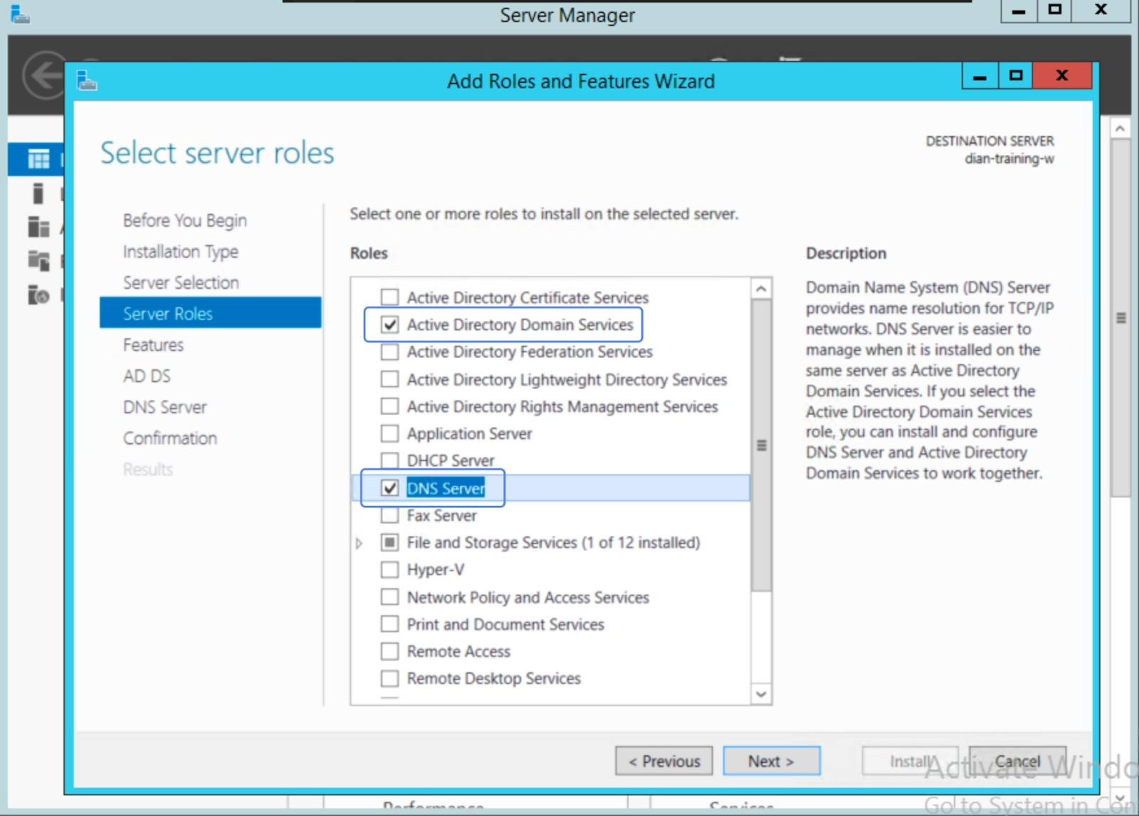 Tại mục Select server roles, bạn chọn đồng thời Active Directory Domain Services và DNS Server