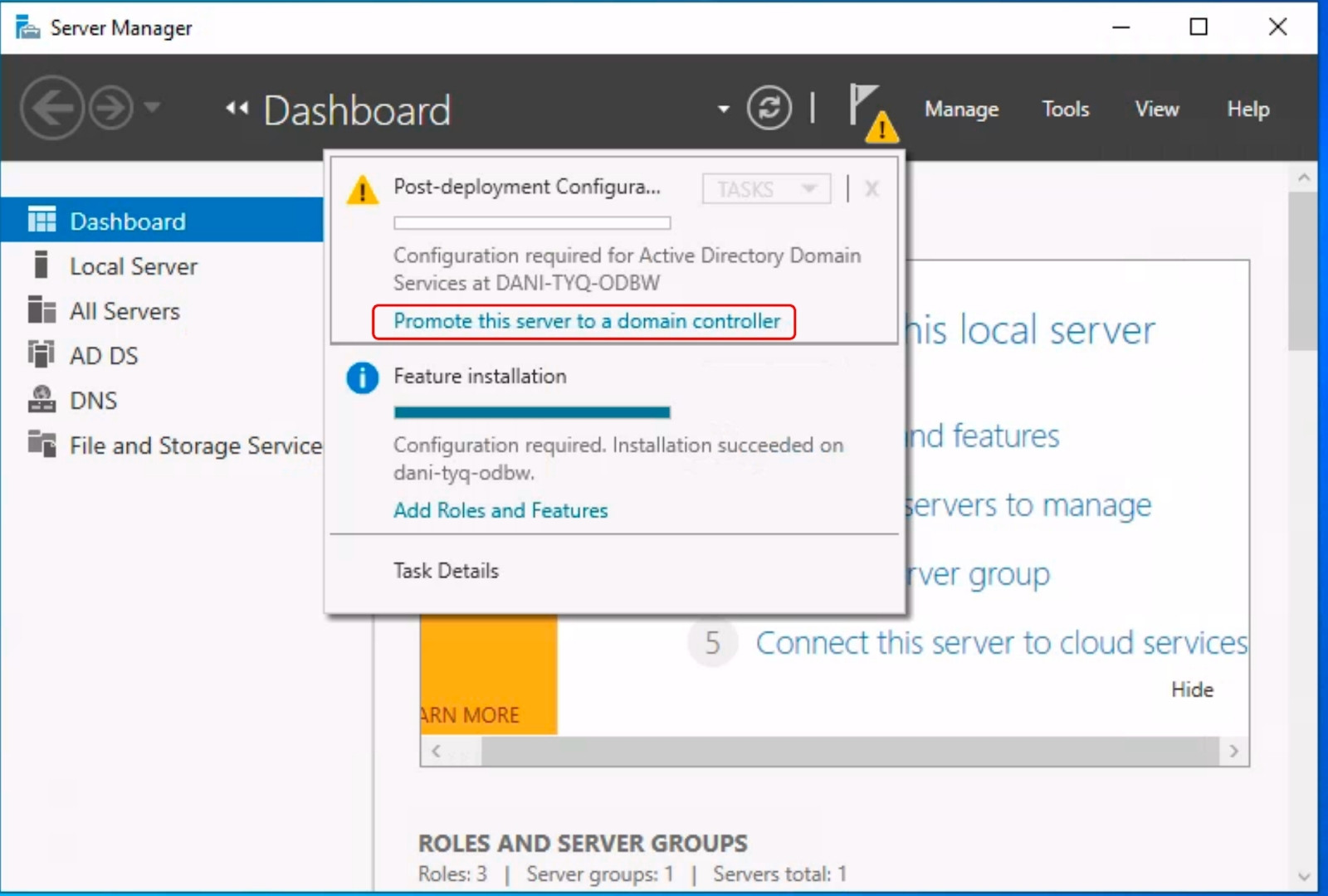 Sau khi hoàn tất quá trình cài đặt vai trò, bạn cần tiến hành nâng cấp máy chủ thành Domain Controller