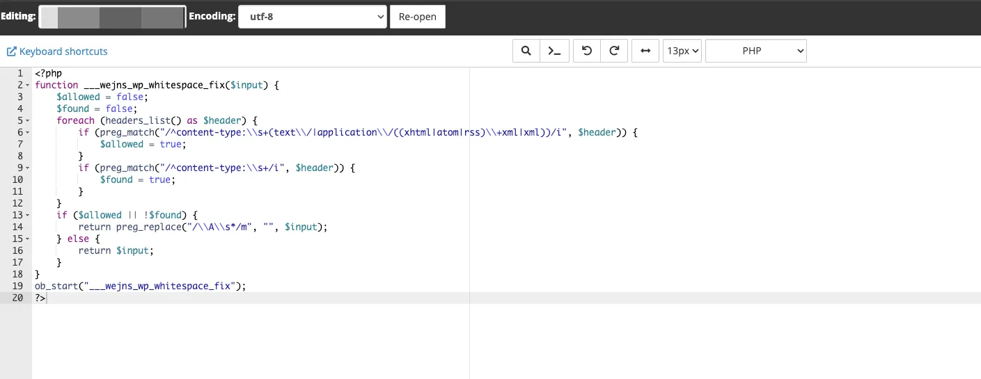Sửa lỗi “XML declaration allowed only at the start of the document” trên Sitemap Wordpress 23 Dán đoạn mã PHP đã cung cấp vào tệp whitespace_fix.php