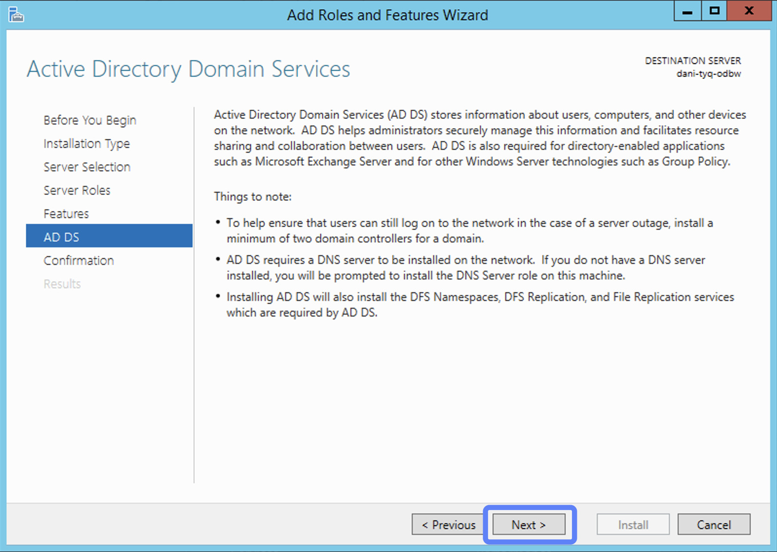 Tiếp tục nhấn Next ở trang AD DS