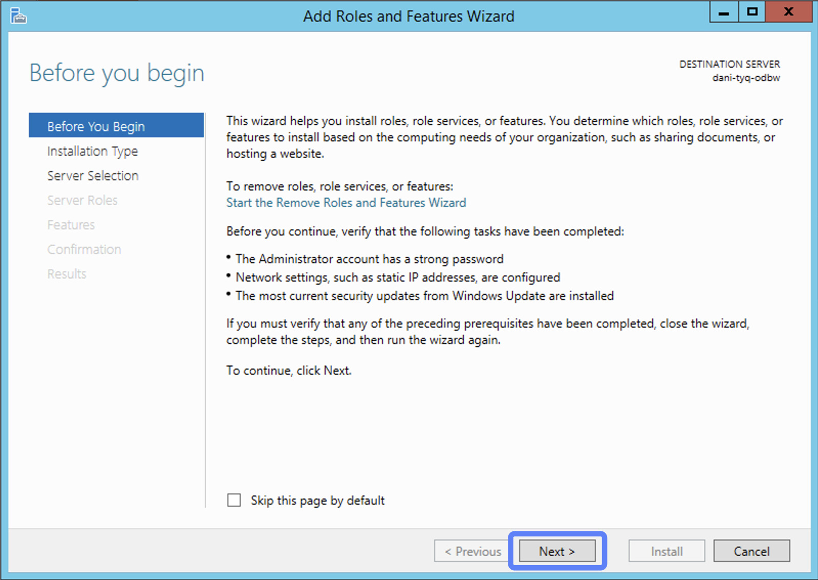 Chọn Next trong màn hình Before you begin