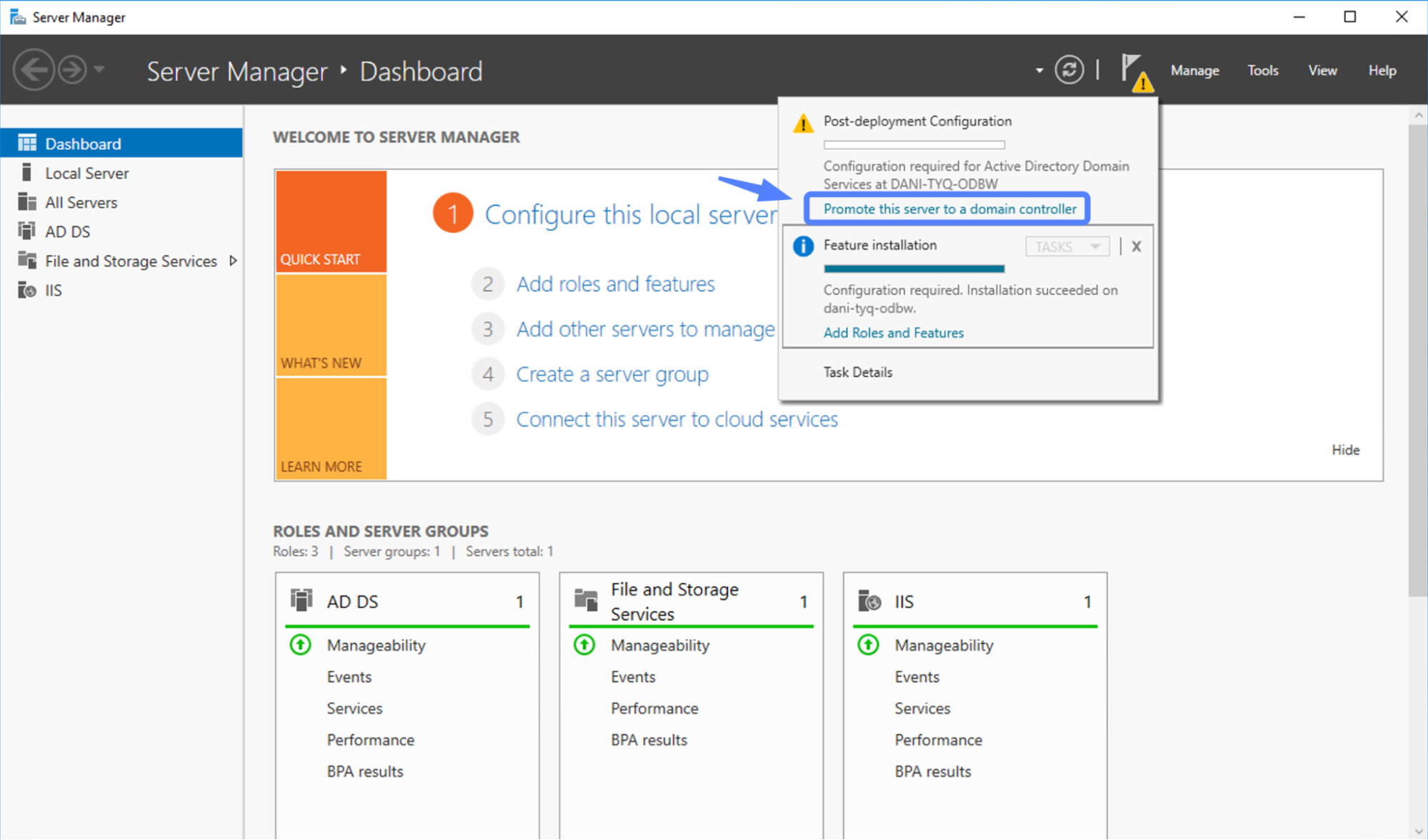 Chọn Promote this server to a domain controller