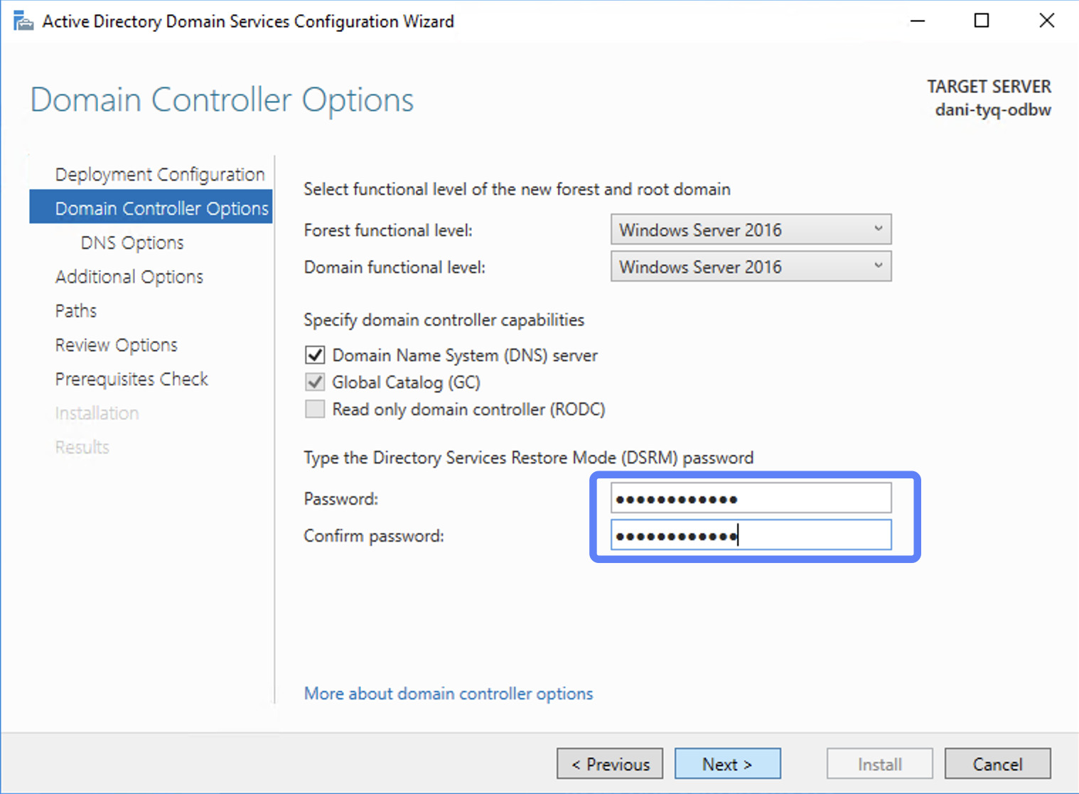 Cung cấp password DSRM