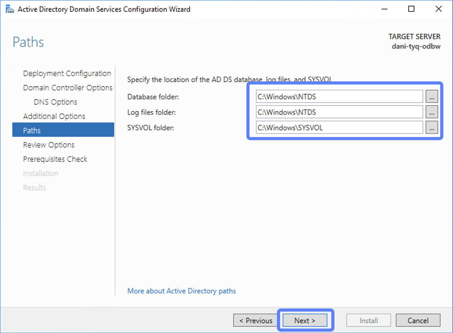 Đặt location của cơ sở dữ liệu AD DS