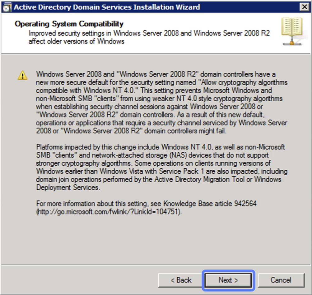 Xem xét kỹ các cảnh báo về cài đặt bảo mật mặc định cho Domain Controller