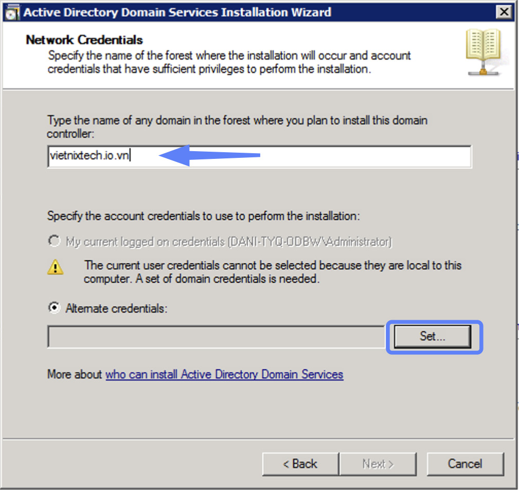 Nhập domain muốn cài đặt domain controller vào trường văn bản