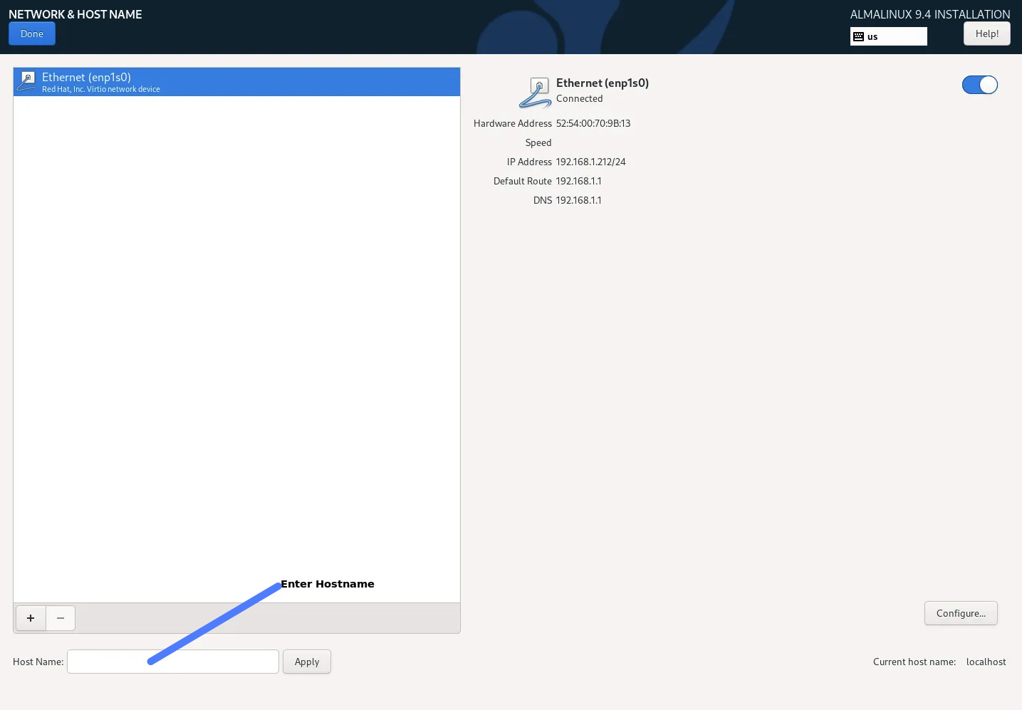 Bật kết nối mạng và đặt hostname cho máy chủ