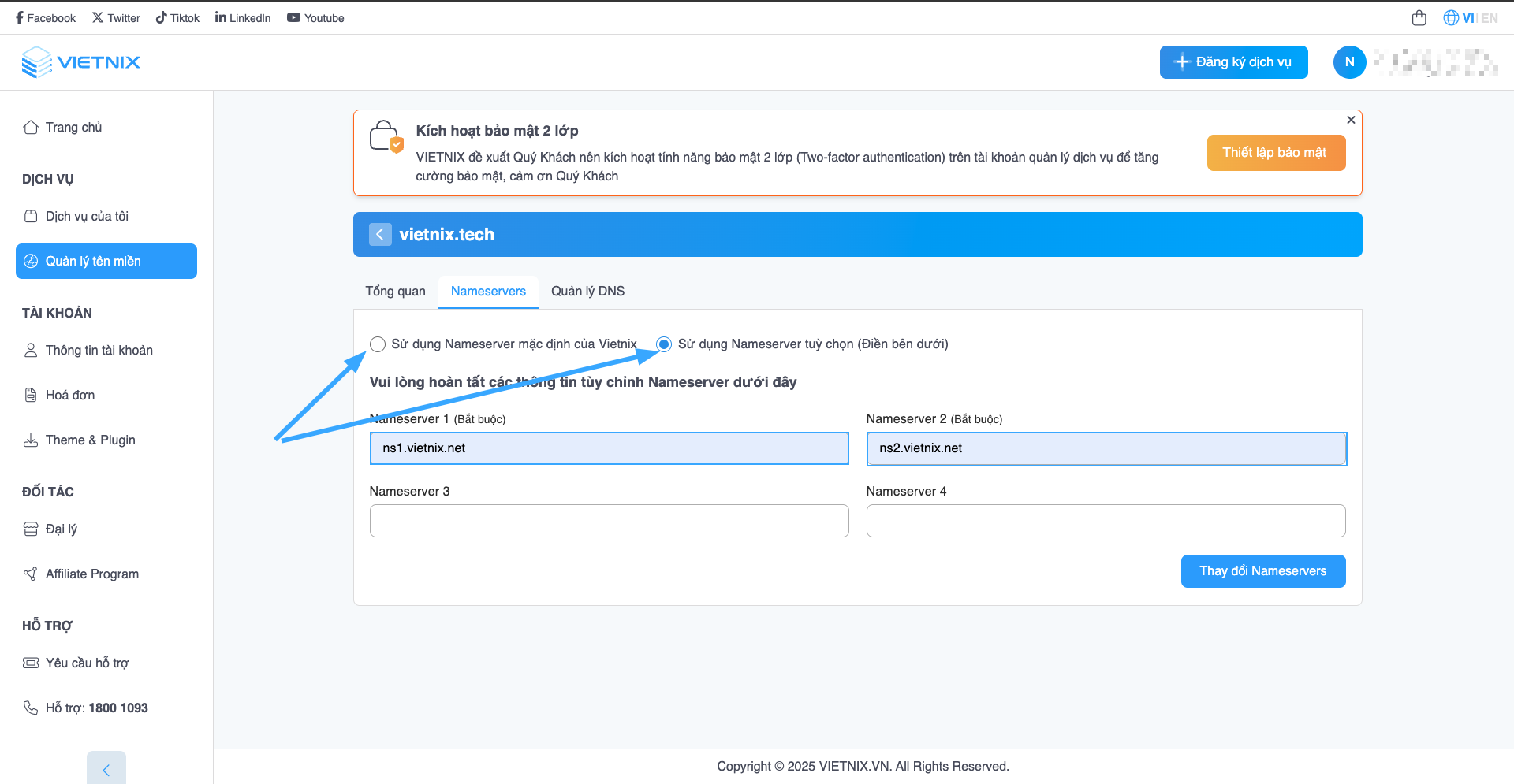 Sử dụng Nameserver mặc định của Vietnix
