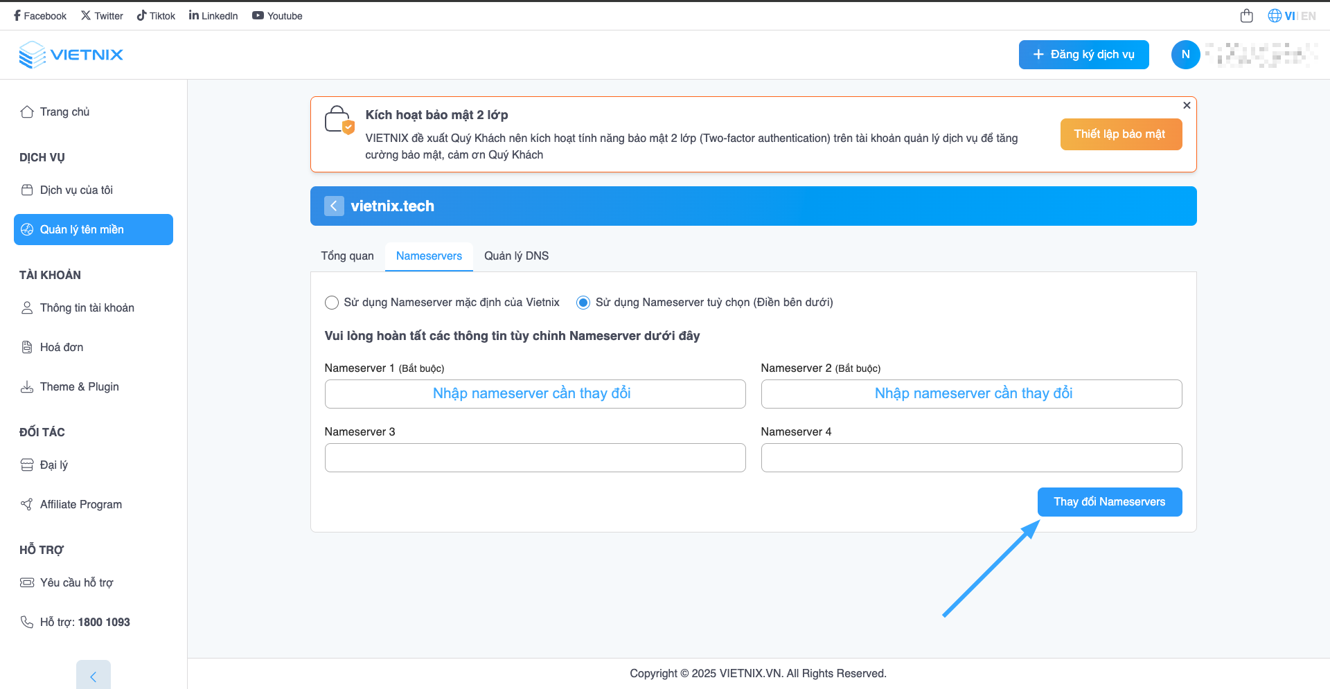 Sử dụng Nameserver tùy chọn