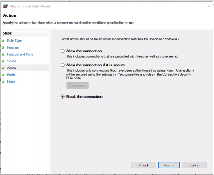 Hướng dẫn các bước chặn IP bằng Windows Firewall chi tiết 22 Chọn hành động chặn