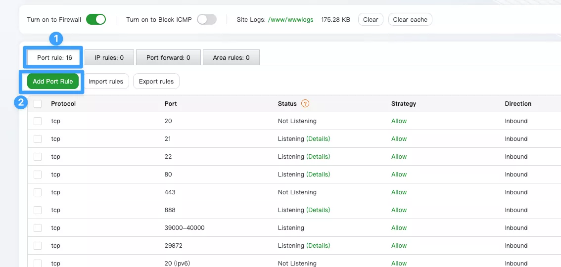 Hướng dẫn chặn IP trên aaPanel bằng tính năng Firewall 17 Truy cập Port Rule