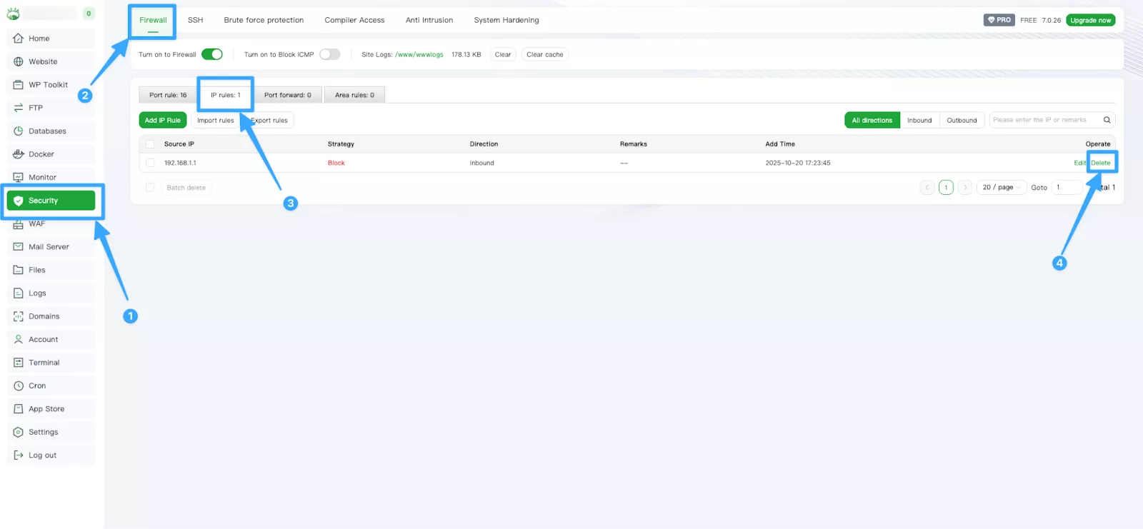 Hướng dẫn chặn IP trên aaPanel bằng tính năng Firewall 19 Kiểm tra và quản lý danh sách IP bị chặn