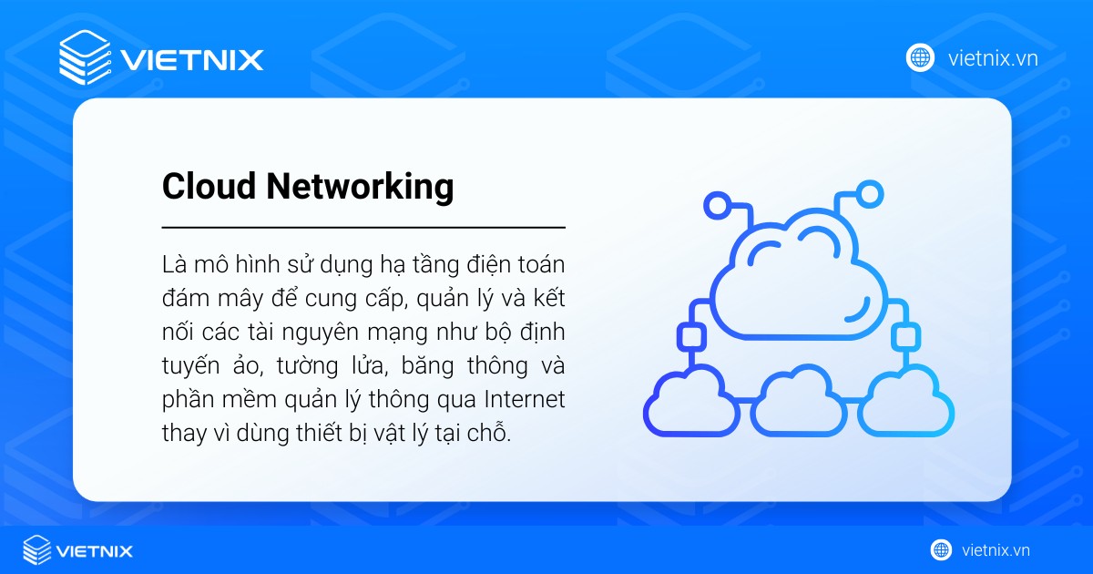 Cloud Networking (mạng đám mây) là mô hình sử dụng hạ tầng điện toán đám mây để cung cấp, quản lý và kết nối các tài nguyên mạng