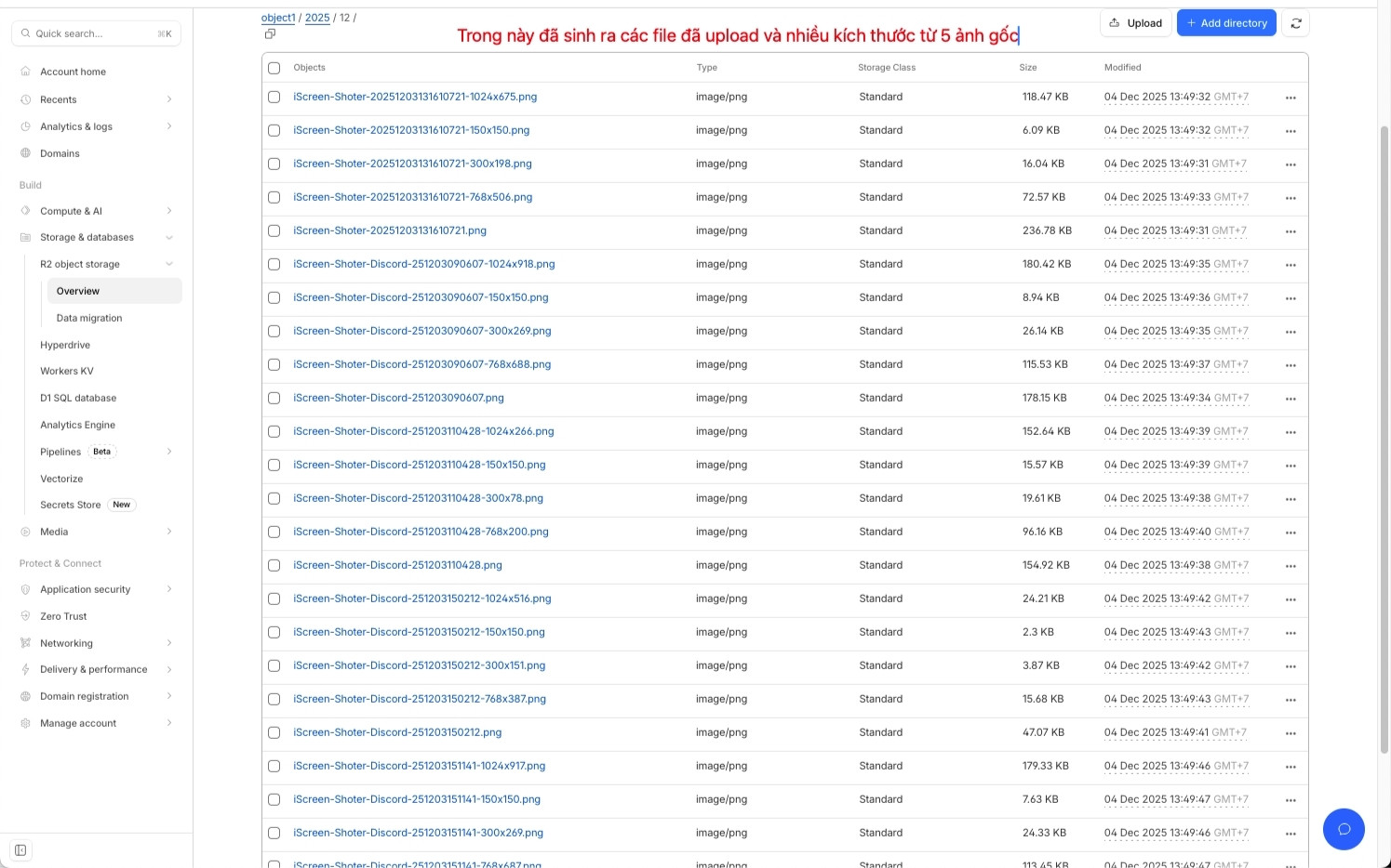 Cloudflare R2 là gì? So sánh chi tiết Cloudflare R2 và S3 AWS 49 File đã upload sẽ hiển thị nhiều ảnh với kích thước khác nhau từ ảnh gốc
