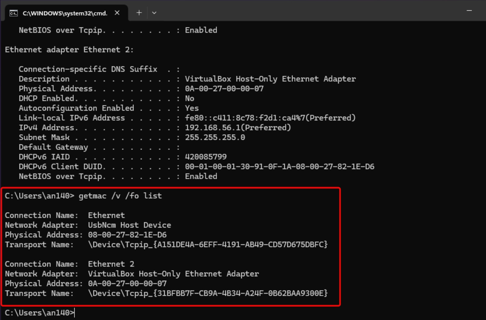 Địa chỉ MAC của các adapter mạng sẽ hiển thị tại mục Physical Address