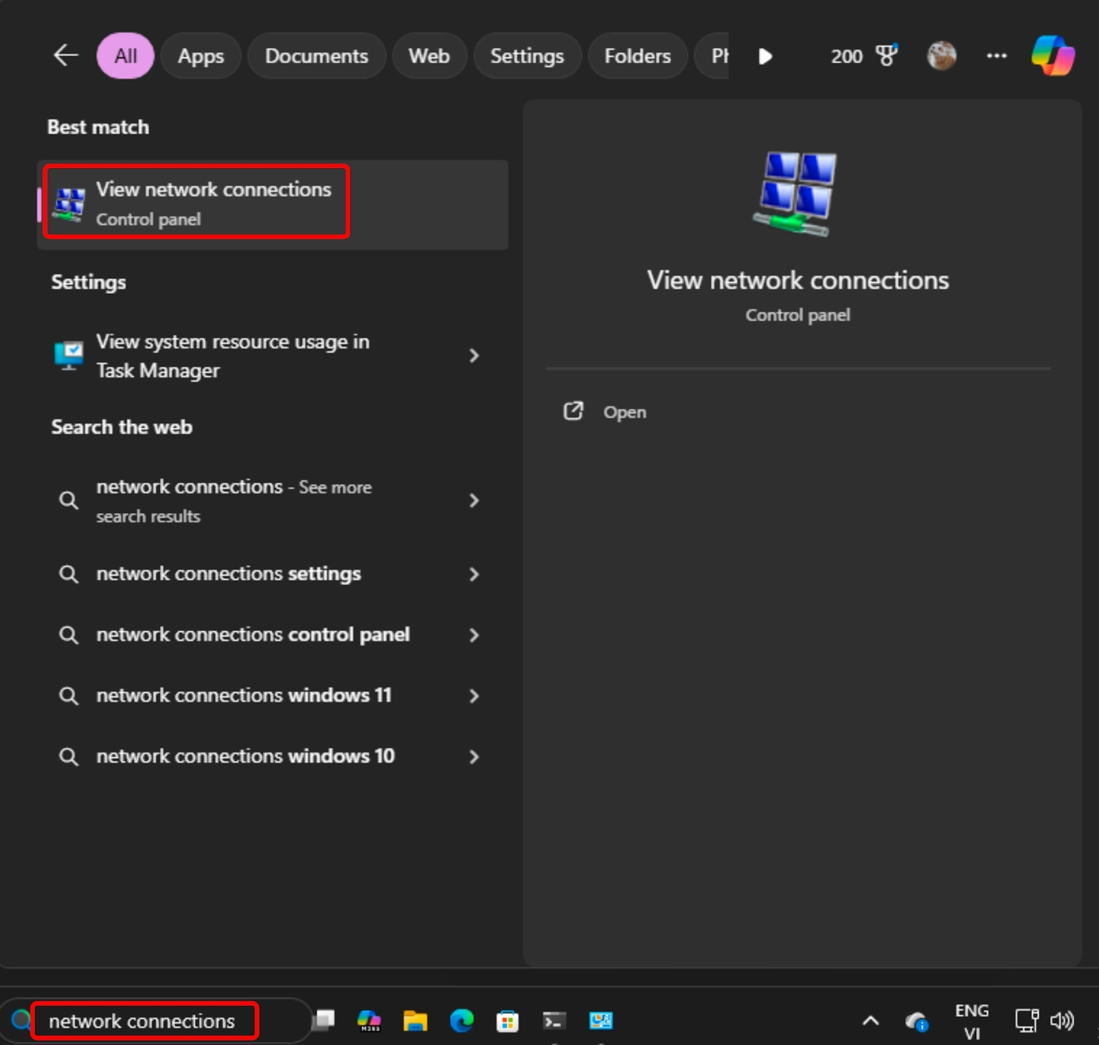 Nhập từ khóa Network Connection vào khung tìm kiếm