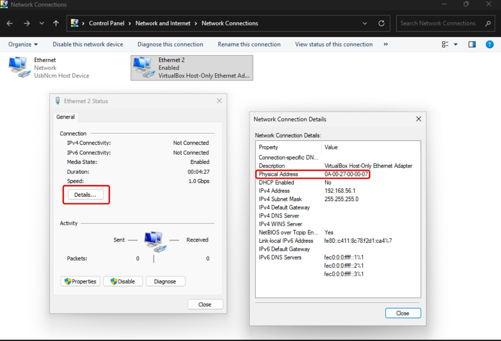 Click chọn Detail và kiểm tra địa chỉ MAC tại dòng Physical Address