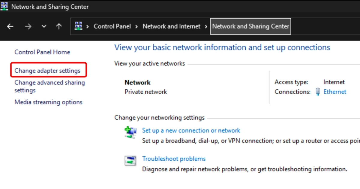 Chọn Change adapter settings