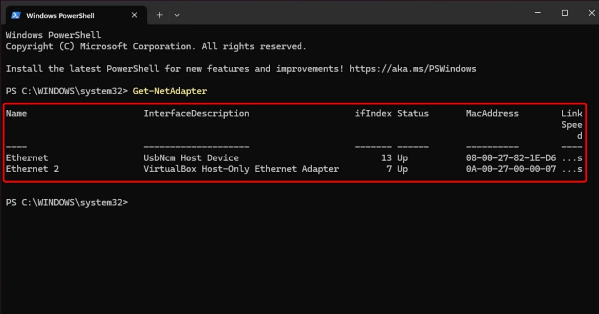 Nhập lệnh Get-NetAdapter rồi nhấn Enter