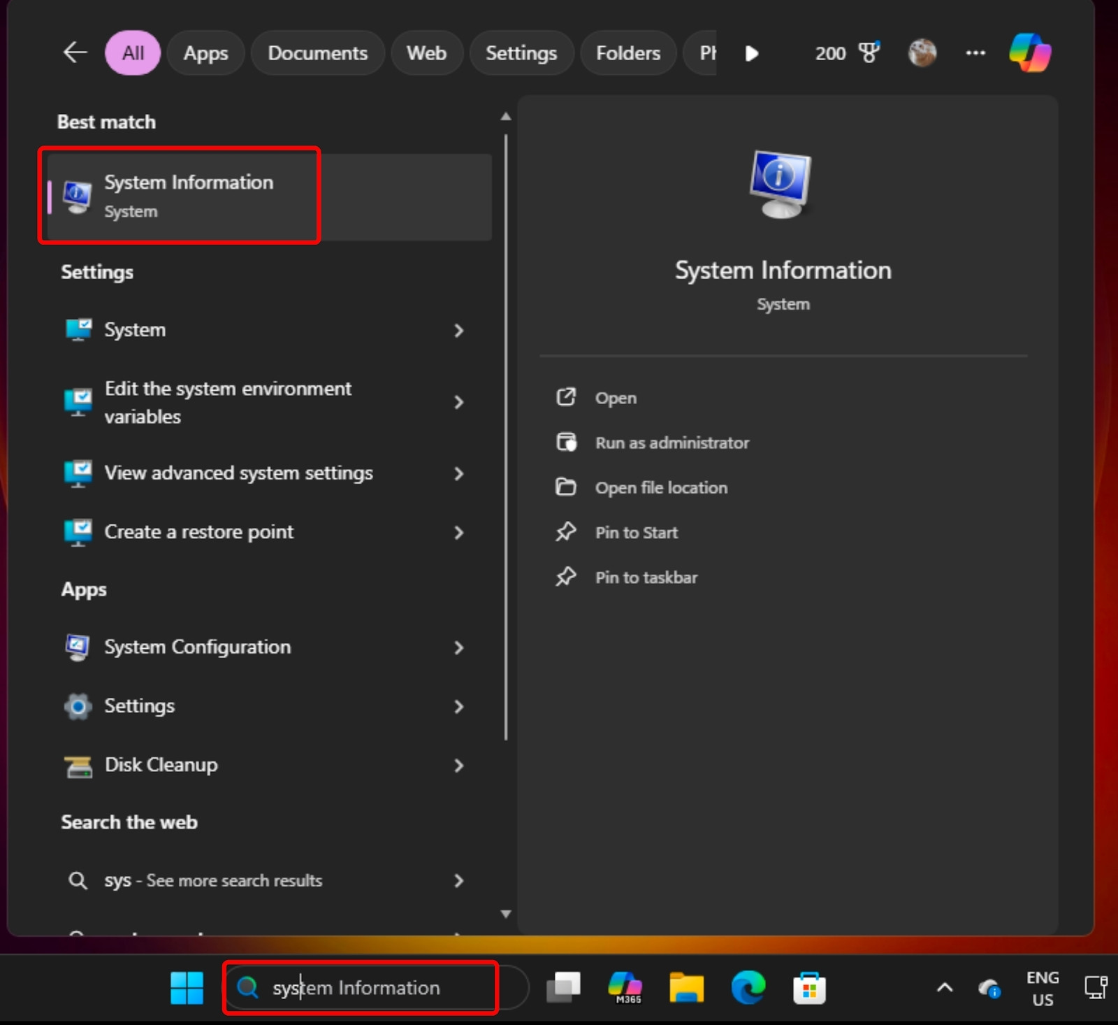 Nhập System Information vào thanh tìm kiếm