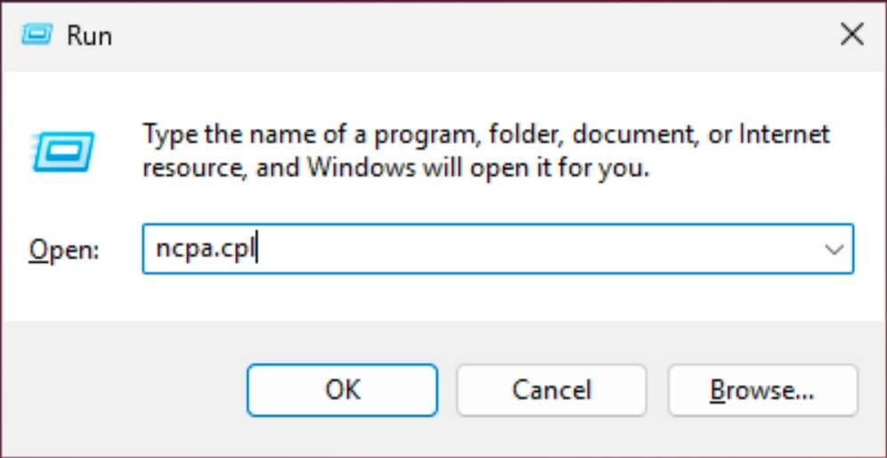 Nhấn tổ hợp phím Windows + R và nhập ncpa.cpl