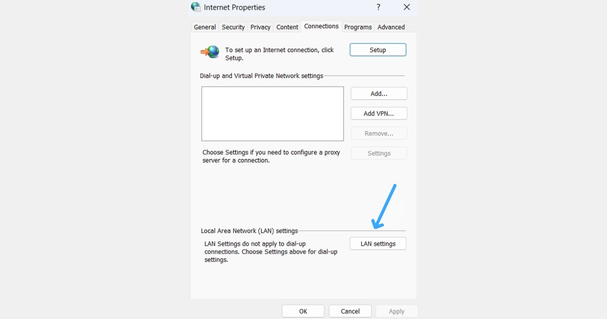 Sửa lỗi “Unable to connect proxy server - ERR_PROXY_CONNECTION_FAILED” 42 Rồi nhấp vào LAN Setting