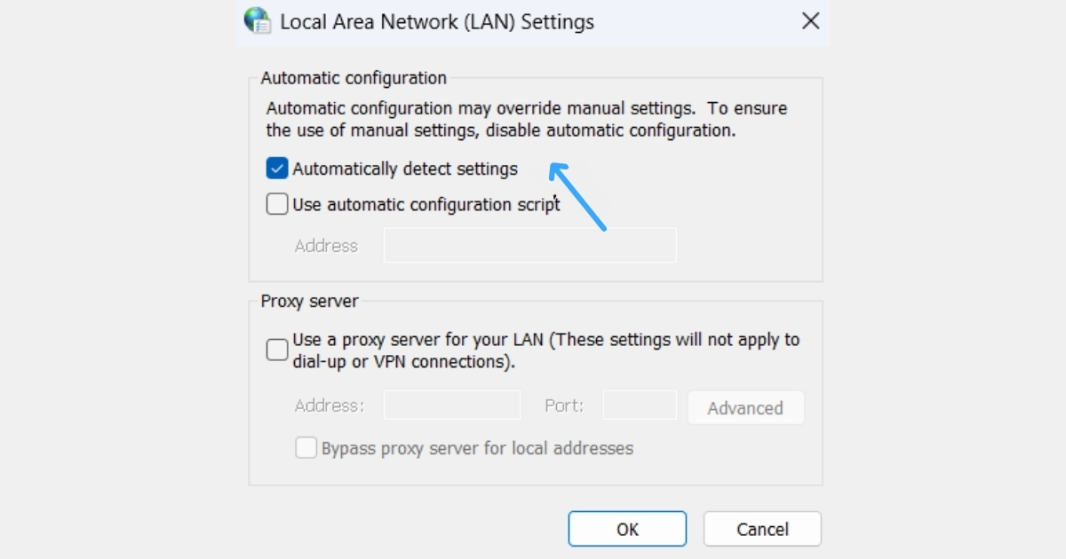 Sửa lỗi “Unable to connect proxy server - ERR_PROXY_CONNECTION_FAILED” 43 Bạn bỏ chọn Automatically detect settings