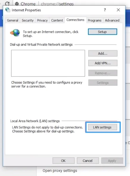 Sửa lỗi “Unable to connect proxy server - ERR_PROXY_CONNECTION_FAILED” 34 Chọn LAN settings