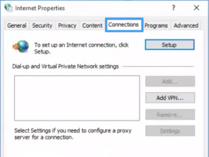 Sửa lỗi “Unable to connect proxy server - ERR_PROXY_CONNECTION_FAILED” 39 Chọn tab Connections