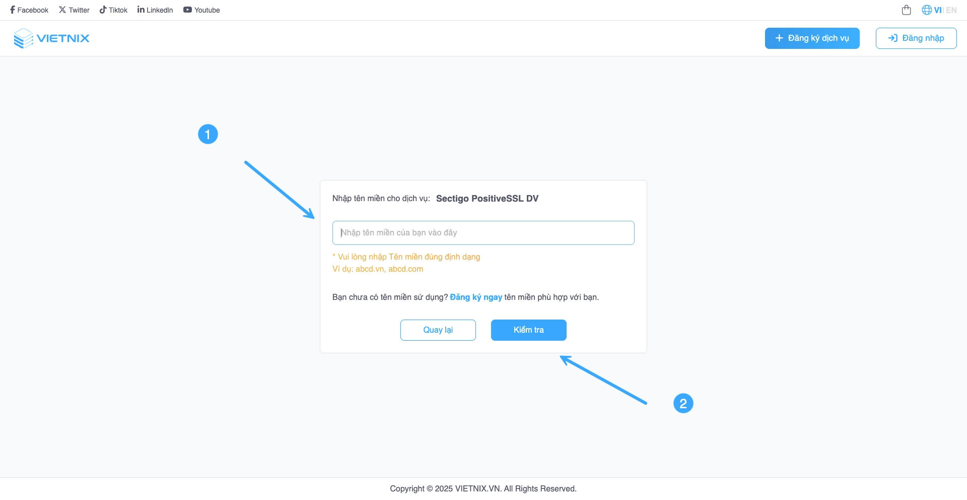 Nhập tên miền và nhấn Kiểm tra