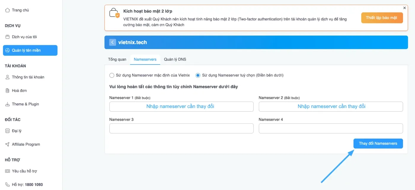 Nhấn chọn thay đổi nameserver