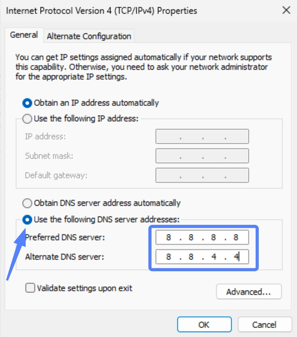 Bạn chọn tùy chọn Use the following DNS server addresses