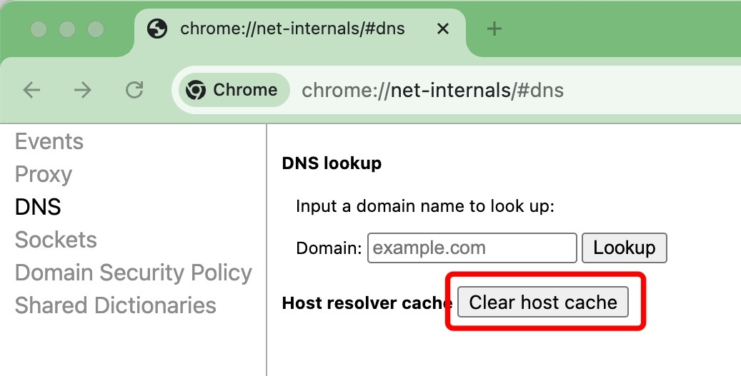 Tại giao diện hiển thị, bạn nhấn vào nút Clear host cache để xóa toàn bộ bộ nhớ đệm DNS của trình duyệt.