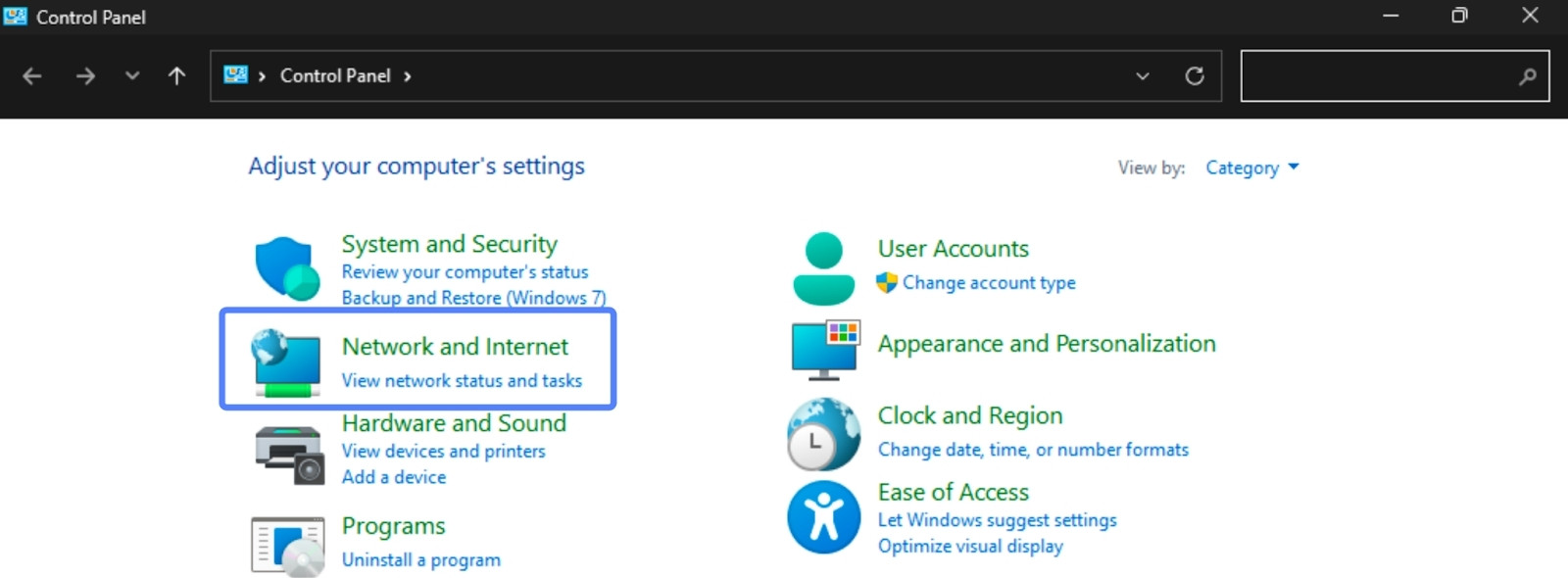 Bạn chọn mục Network and Internet