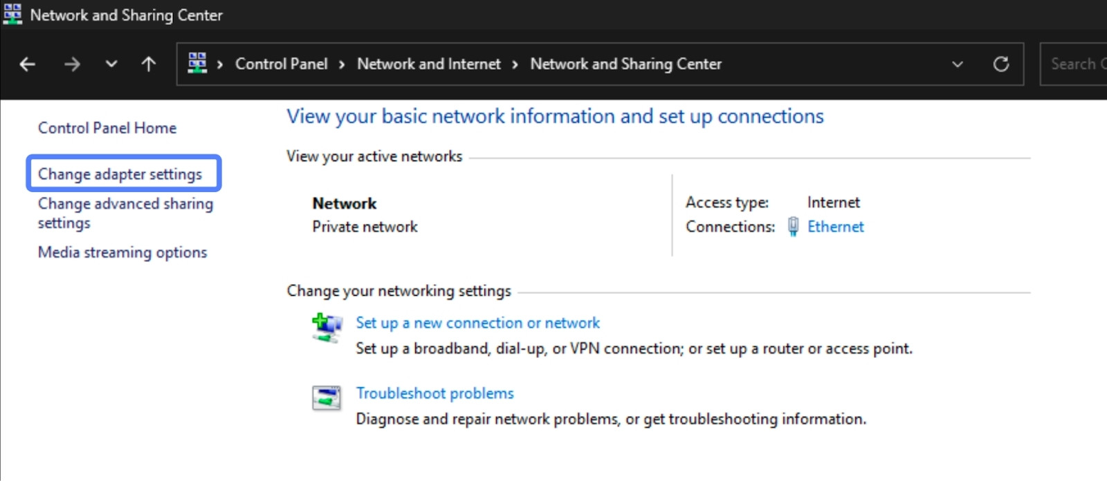 Ở menu bên trái, bạn nhấp vào Change adapter settings