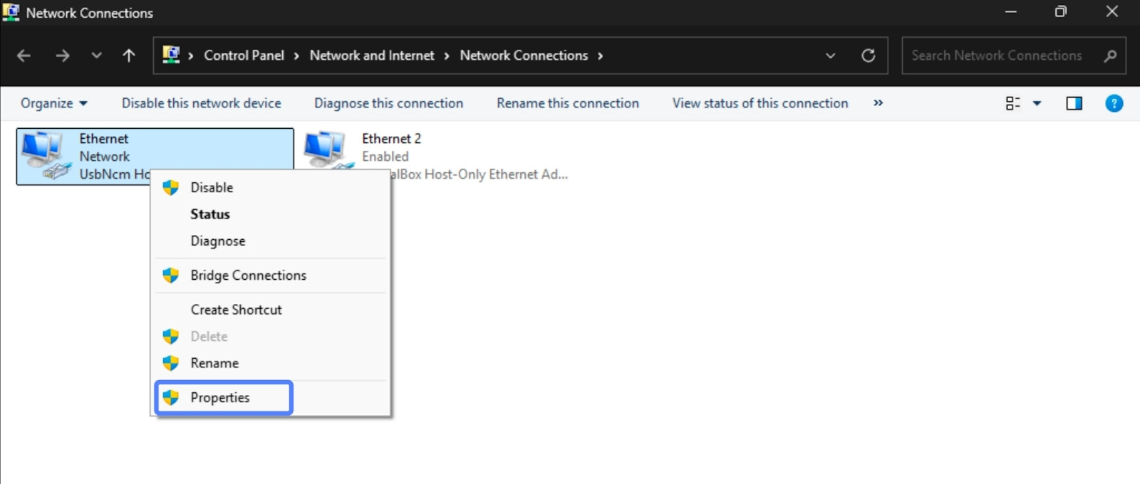 Bạn nhấp chuột phải vào kết nối mạng bạn đang sử dụng (ví dụ: Wi-Fi hoặc Ethernet) và chọn Properties