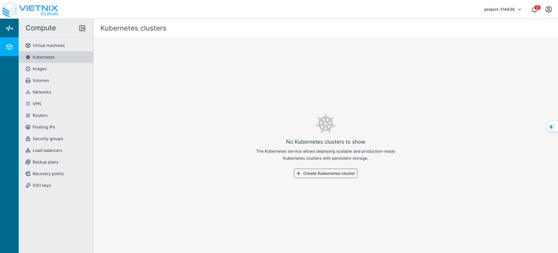 Đăng nhập vào Vietnix Cloud Dashboard và chọn Kubernetes