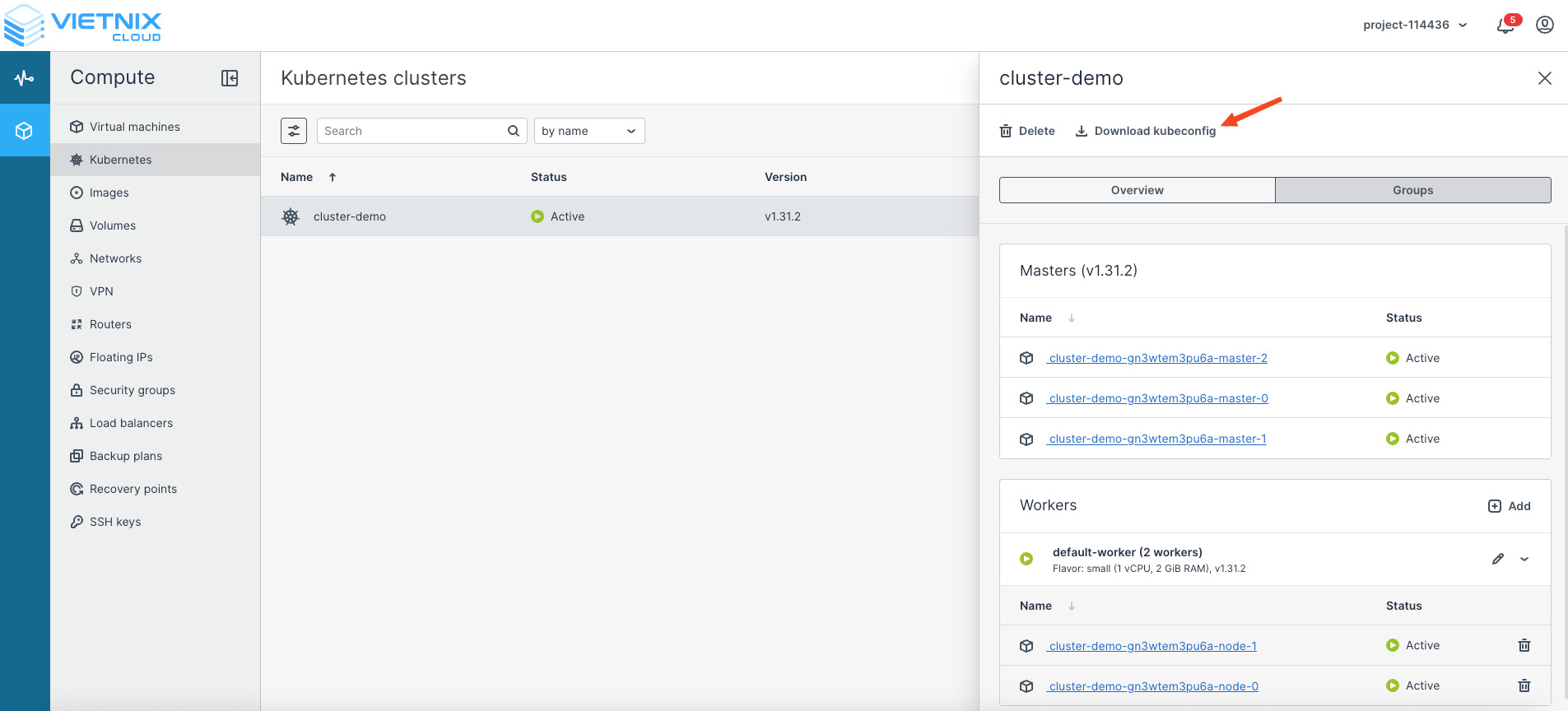 Chọn Download kubeconfig để tải tệp kubeconfig của cluster về máy
