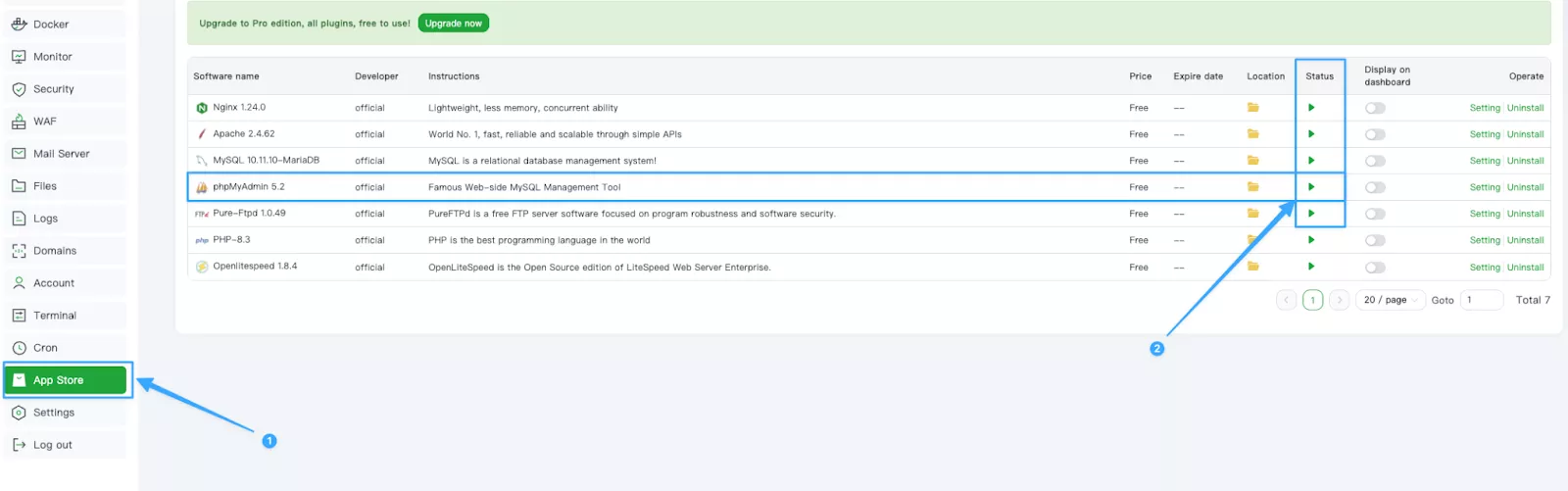 Hướng dẫn khắc phục lỗi “Service Unavailable” khi truy cập phpMyAdmin trên aaPanel 16 Màn hình App Store hiển thị trạng thái phpMyAdmin