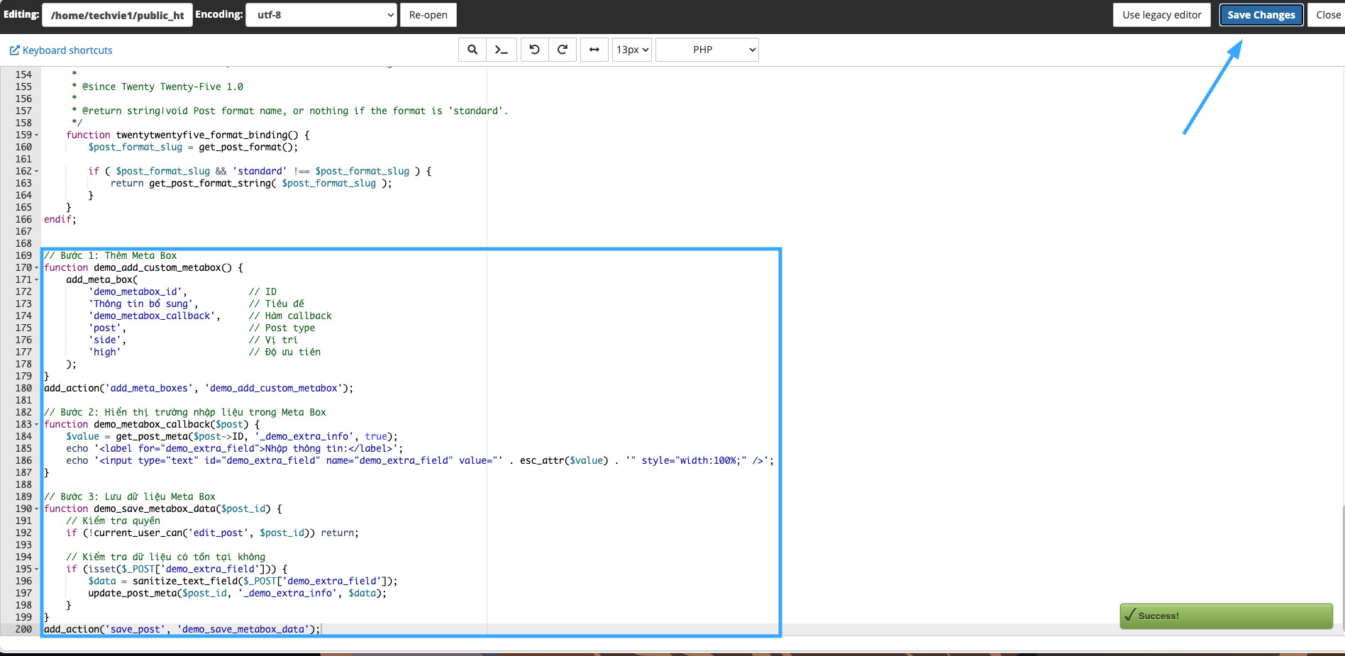 Sử dụng hook save_post để ghi nhận dữ liệu nhập từ meta box