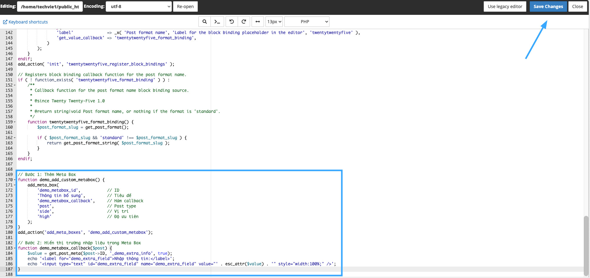 Tạo hàm callback để hiển thị nội dung meta box